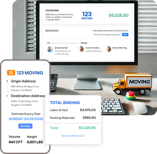 Movegistics estimate screen with pricing breakdown and mobile-friendly estimate for Drew Carter’s move.
