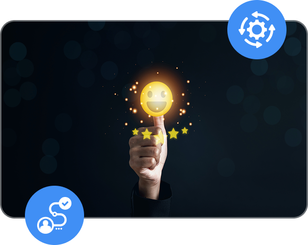 Hand pointing with thumb up towards smiling emoji surrounded by stars, icons showing automation and process flow.