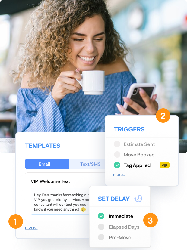 Smiling woman with phone and coffee, showing email automation templates and triggers for customer lead nurturing.