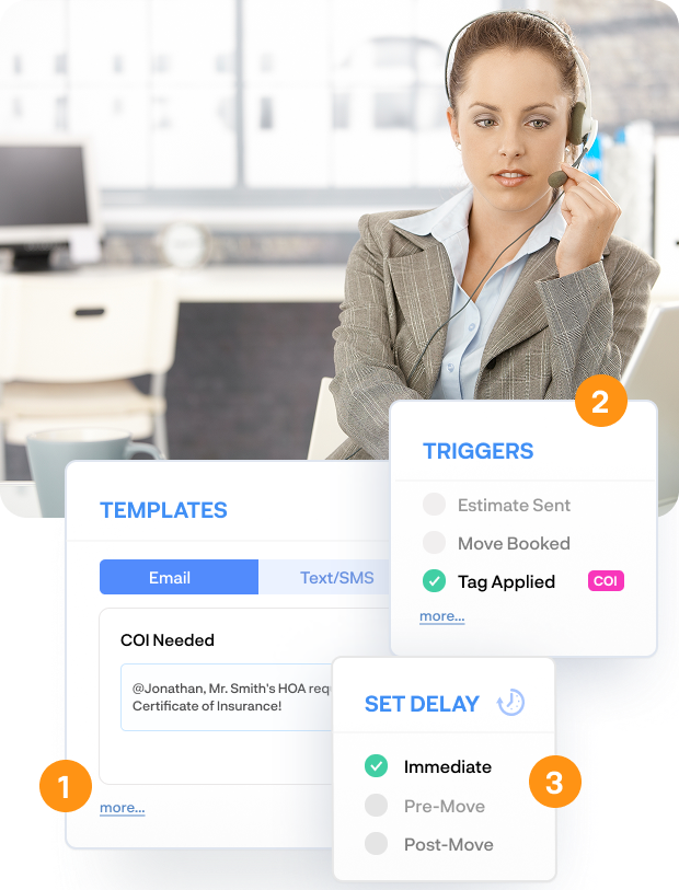 Customer service woman with headset, showing automation dashboard with templates, triggers, and delay settings.