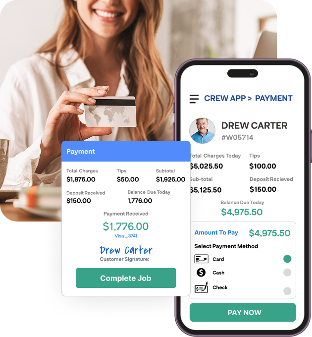 Movegistics Crew App showing digital payment collection with credit card, cash, or check options to accelerate cash flow and reduce delays.