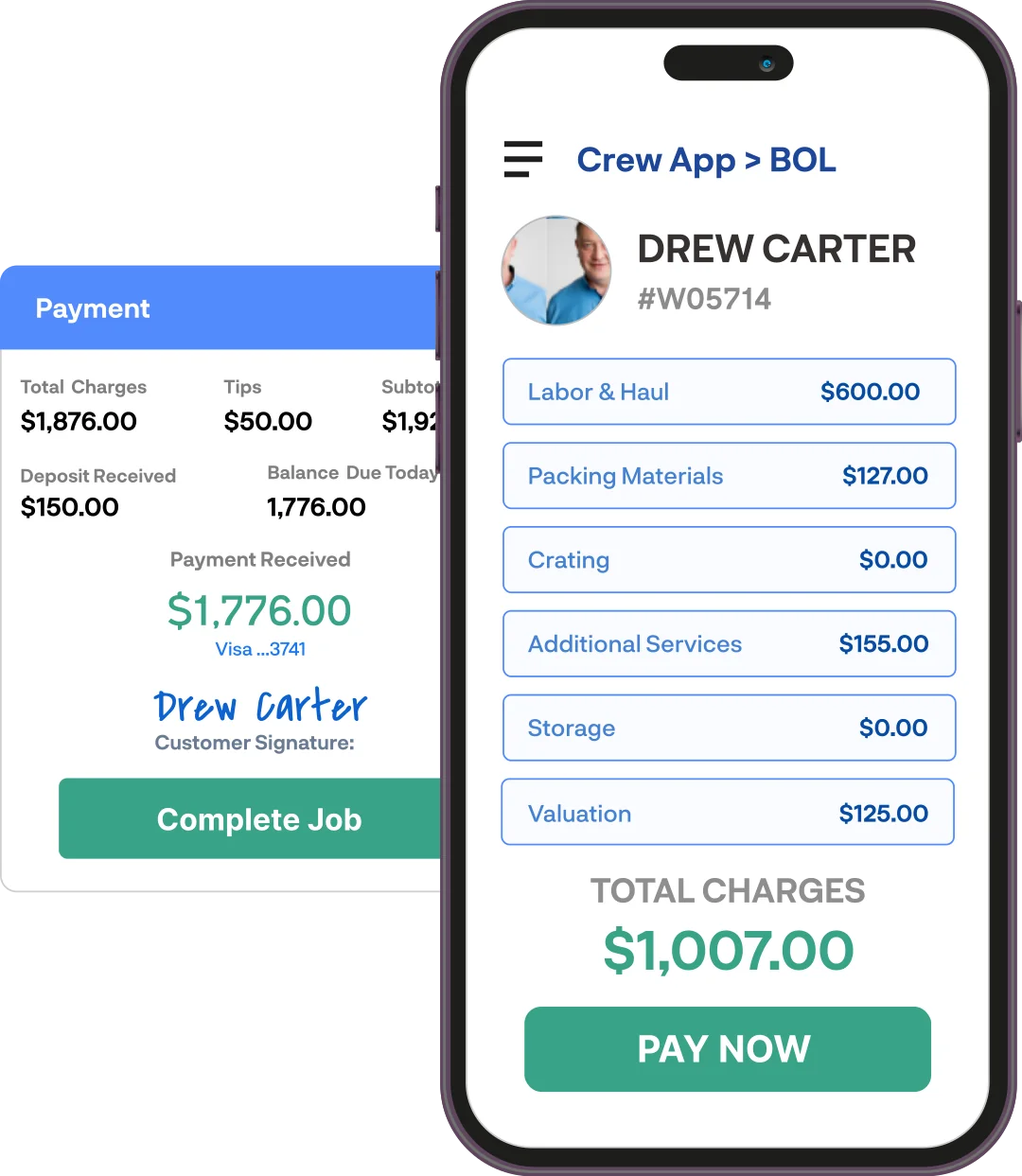 Movegistics Crew App showing digital signature capture, tip collection, job completion summary, and transparent pricing for seamless post-move wrap-up