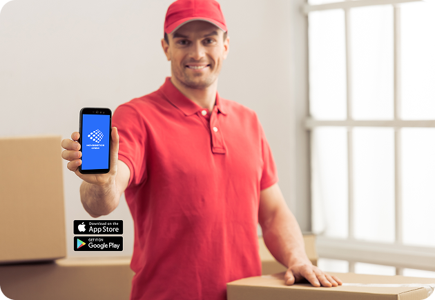 Mover in red uniform holding a phone displaying the Movegistics Crew App with download badges for iOS and Android, promoting mobile tools for moving crews