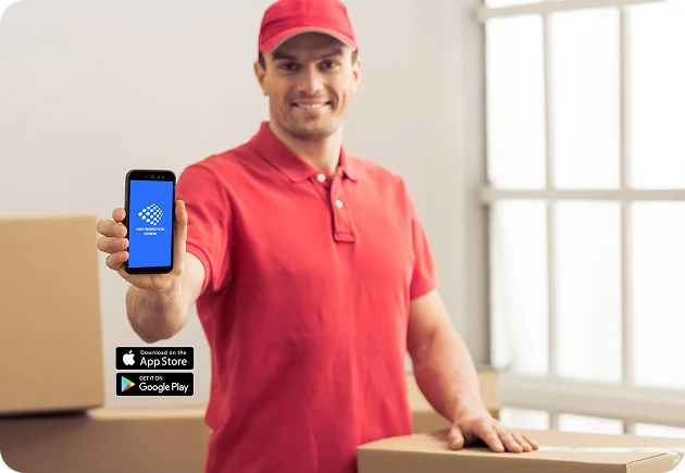 Mover in red uniform holding a phone displaying the Movegistics Crew App with download badges for iOS and Android, promoting mobile tools for moving crews