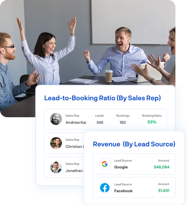 Sales leaderboard showing booking ratios by rep and revenue by lead source—visualizing how Movegistics 5.0 boosts team performance and marketing ROI.