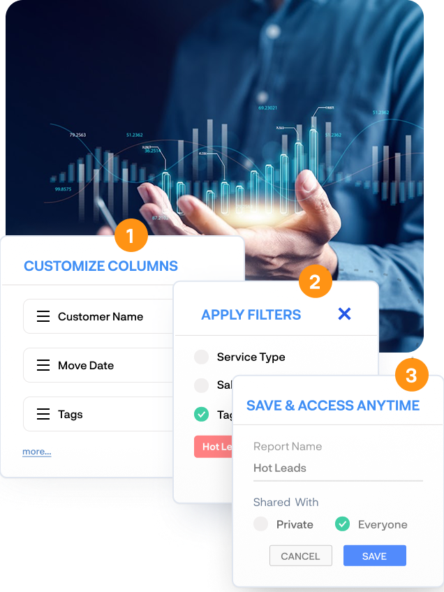 Custom reporting in Movegistics 5.0 with saved views, filters, and columns—track sales, operations, and billing insights with one-click access.