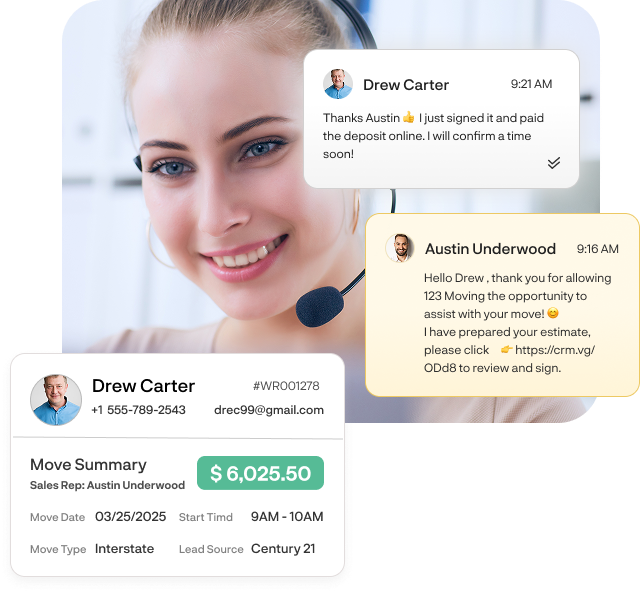 Movegistics CRM interface showing real-time email and SMS communication between a sales rep and a customer.