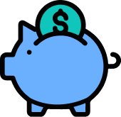 Blue piggy bank icon with dollar coin, symbolizing Movegistics’ low rates and cost savings.