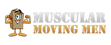 Muscular Moving Men logo with a muscular cartoon moving box