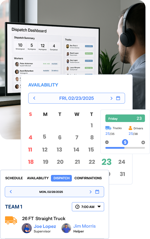 Movegistics dispatch dashboard with calendar and job assignments—enabling real-time scheduling, crew tracking, and smart truck allocation for optimized resource management.