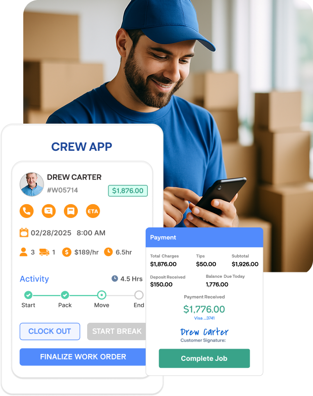 Movegistics Crew App interface with smiling crew member using a mobile device—featuring digital job summaries, real-time ETAs, time tracking, and paperless payments for efficient job execution.