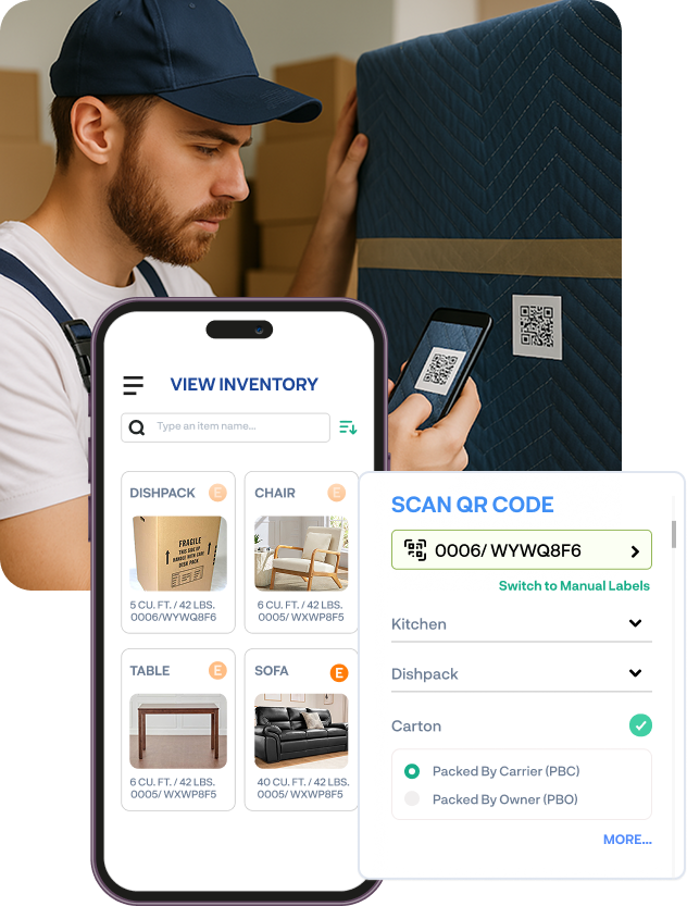 Mover using Movegistics Digital Inventory App to scan a QR code on a wrapped item—showcasing real-time inventory capture, photo documentation, and error reduction for faster, more accurate job execution.