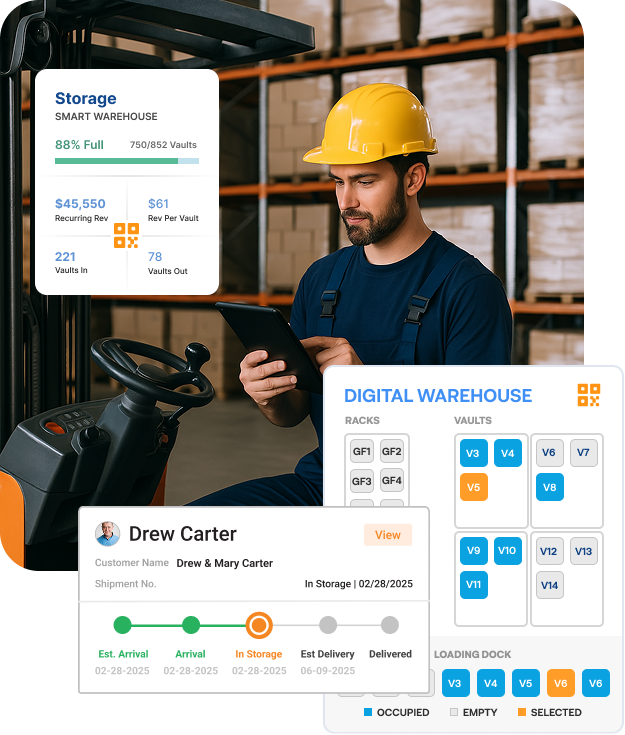 Warehouse worker using Movegistics Digital Warehouse app on a tablet—highlighting real-time vault tracking, occupancy analytics, QR code inventory, and storage billing automation.