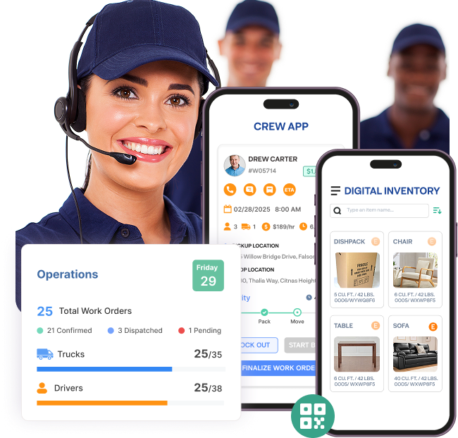Smiling dispatcher and crew behind phones showing Movegistics 5.0 Crew App, Digital Inventory, and Ops dashboard—highlighting tools to cut costs, boost profits, and streamline operations.