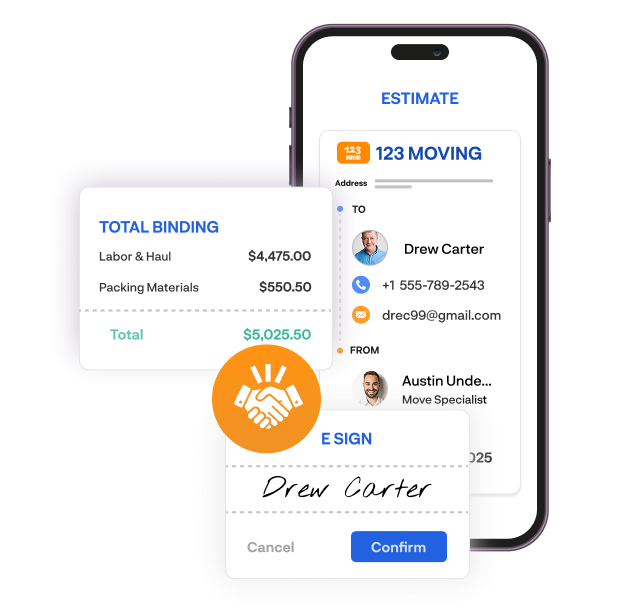 Movegistics 5.0 estimate screen with total binding amount and e-signature—highlighting sales automation and growth tools for moving companies.