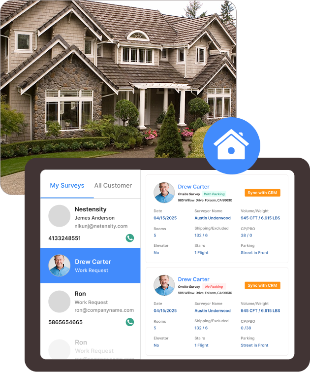Movegistics iPad survey app interface for moving companies showing multiple customer surveys, inventory details, and CRM sync next to a suburban home