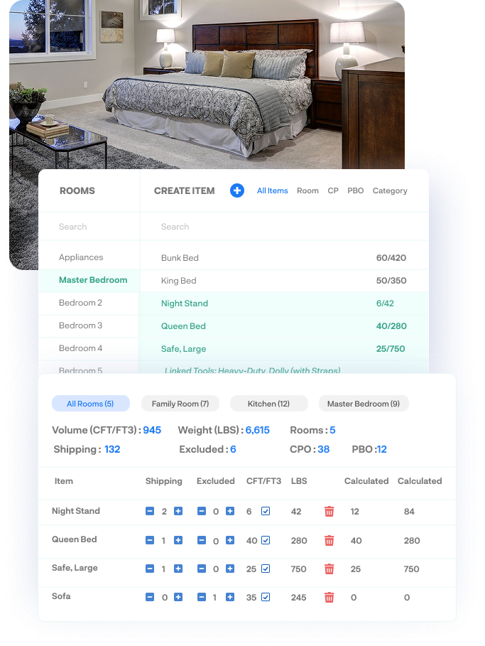 Movegistics iPad survey interface showing room-by-room inventory selection with auto-suggested items, weight and volume calculations, and bulk actions for faster entry