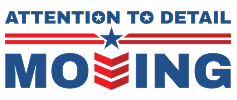 Attention to Detail Moving company logo with patriotic red, white, and blue theme and a star-emblem arrow.