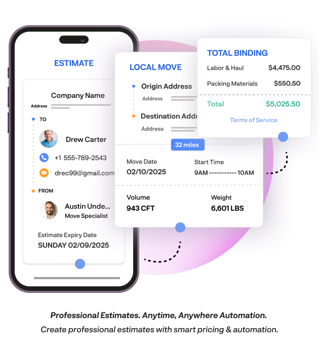 Mobile-friendly estimate preview showing job details, move distance, and total binding price