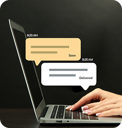 Two-way SMS and email conversation interface showing sent and delivered messages from a laptop.