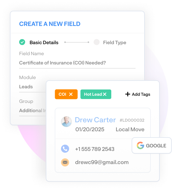 CRM view showing tag-based organization and custom fields for tracking certificates and lead sources.