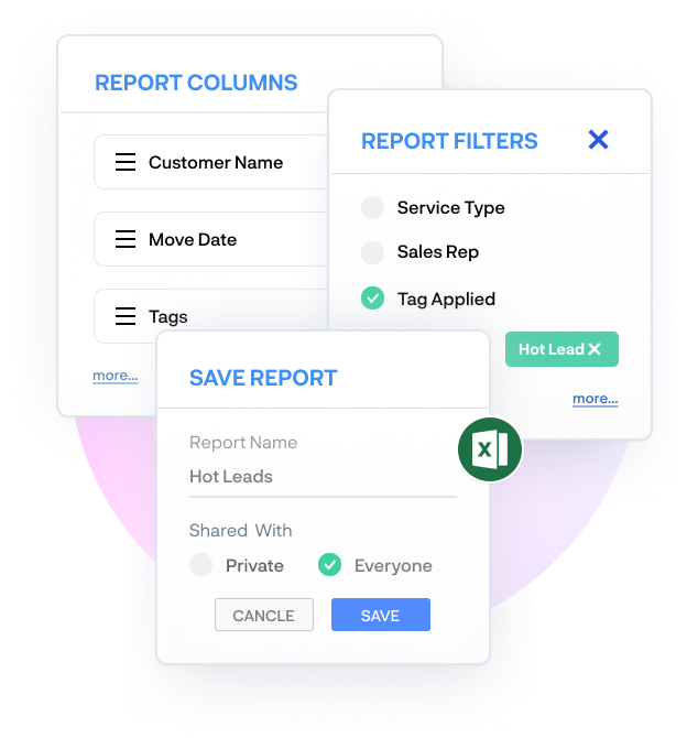 Custom report builder interface with filters, columns, and export options for moving company data.