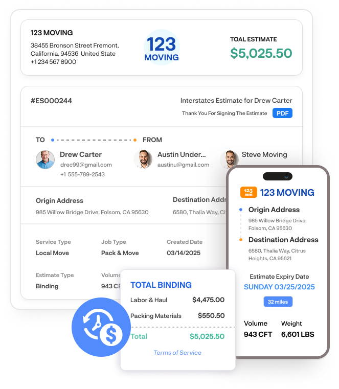 Movegistics estimate automation tools showing a mobile-friendly moving estimate with built-in deposit, origin and destination details, and smart pricing breakdown