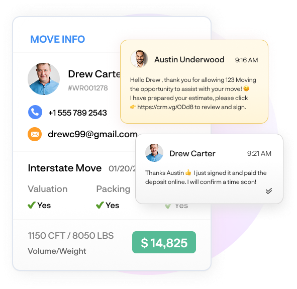 Sales rep having a two-way conversation with a customer, with key move details and contact info visible in the Movegistics interface.