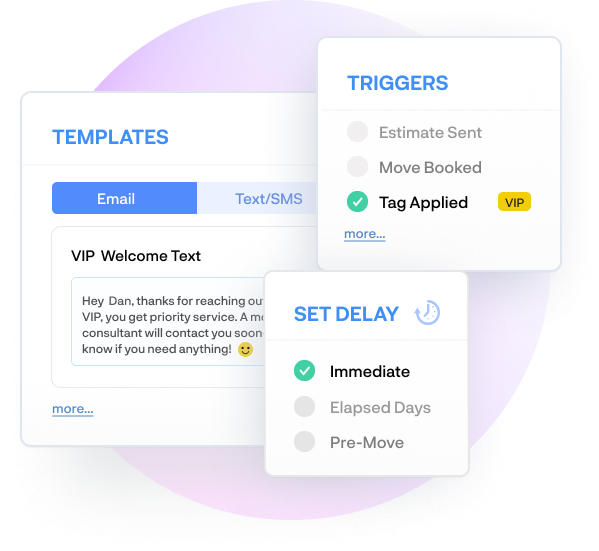 Automation triggers for sending emails and SMS based on estimate status, move booking, or VIP tag with delay options.