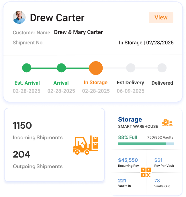 QR-based storage dashboard showing shipment status and volumes—tracking long-distance and storage moves in real time.