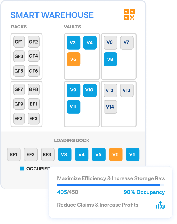 Smart warehouse layout with QR tracking, showing racks, vaults, and 90% space utilization for max efficiency.