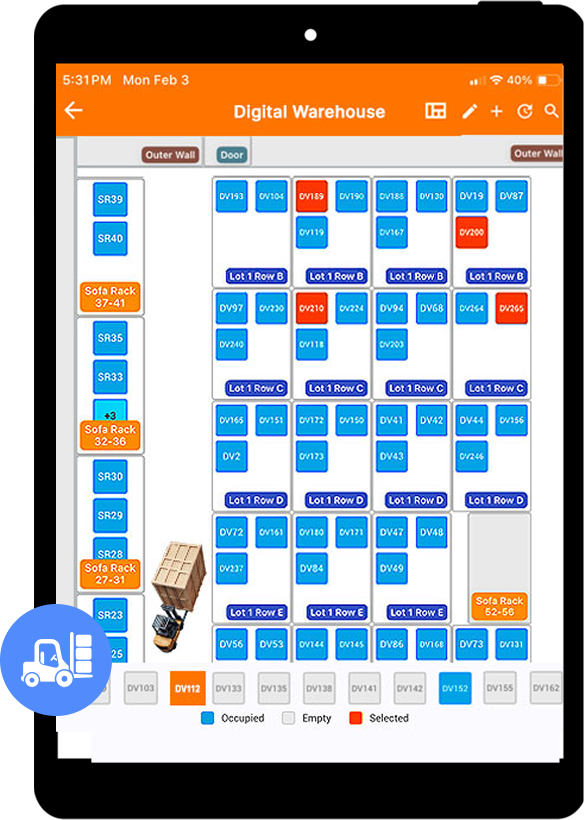 Interactive 2D warehouse layout with vaults, sofa racks, and forklift paths on Movegistics Digital Warehouse iPad interface.