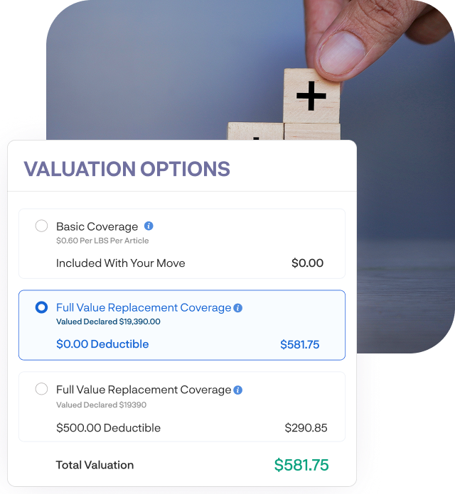 Valuation options screen with coverage tiers to help movers offer intelligent upsells and boost revenue.