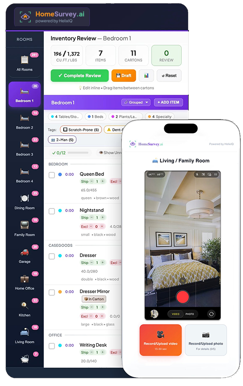 Movegistics 5.0 estimate screen with total binding amount and e-signature—highlighting sales automation and growth tools for moving companies.
