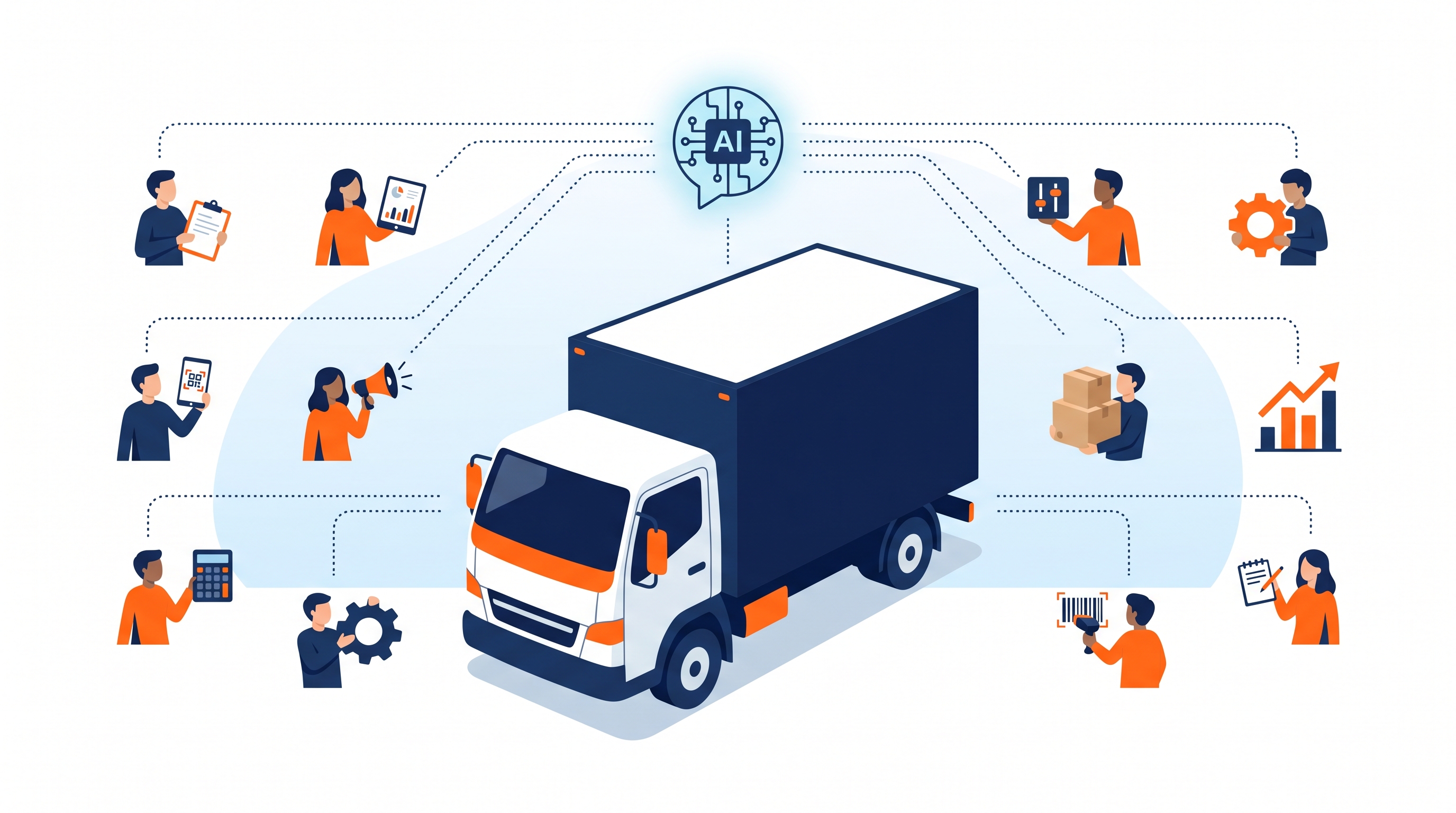 Editorial illustration of ten moving-company roles arranged around a central CRM dashboard, each paired with a role-specific AI coaching panel