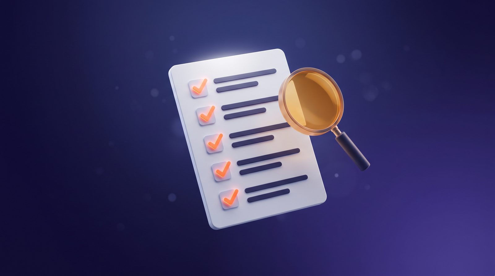 Editorial illustration of a checklist scorecard with a magnifying glass, representing software evaluation