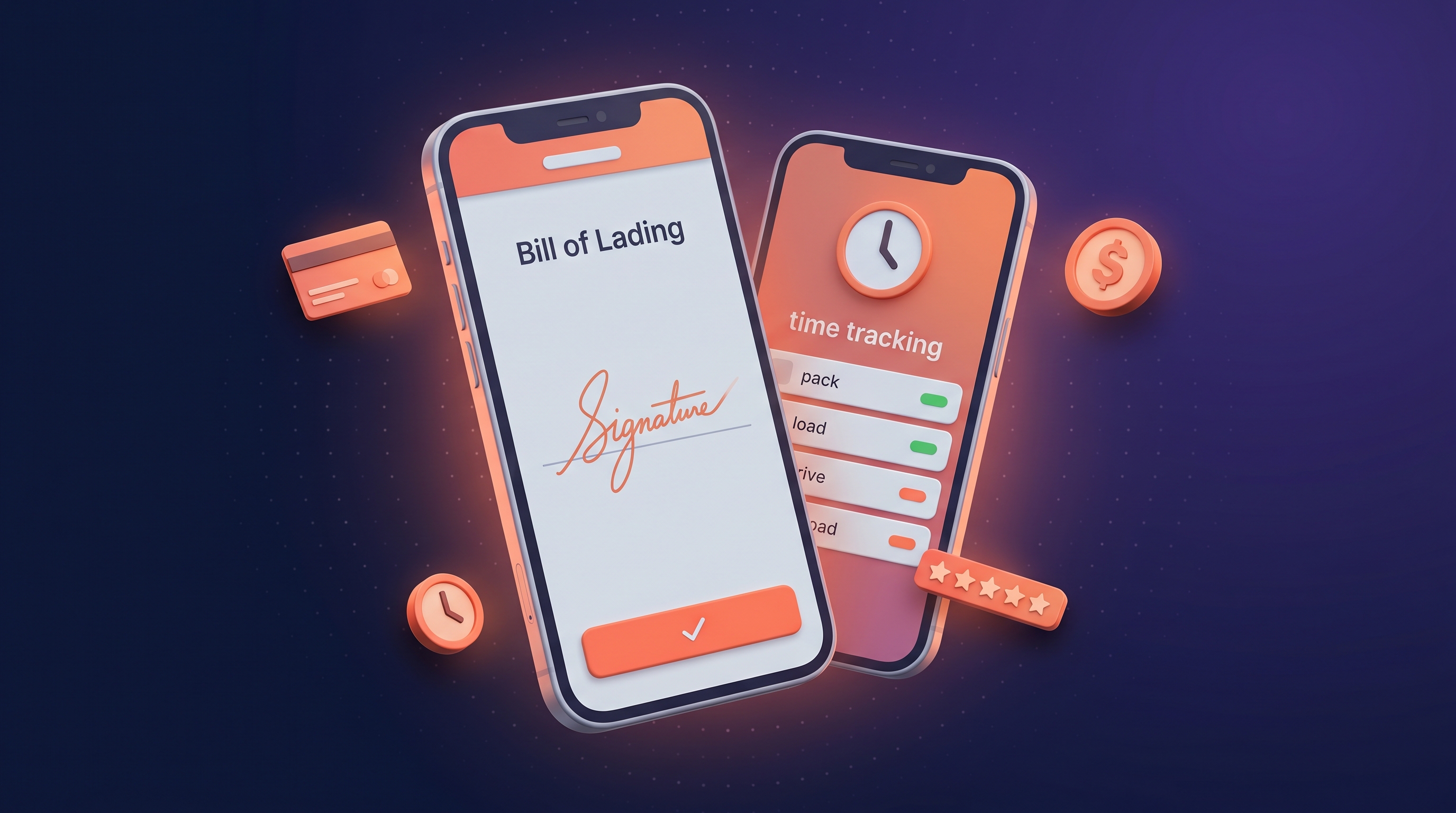 Editorial illustration of a smartphone running a moving crew app showing a job summary with digital signature and time-tracking screens