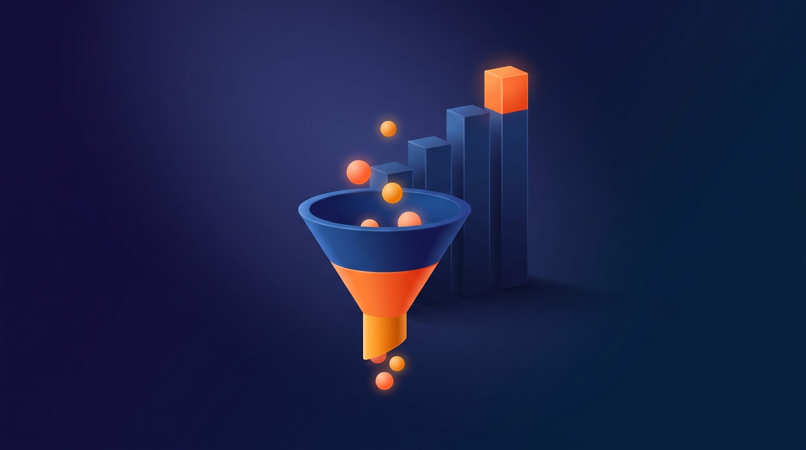 Editorial illustration of a sales conversion funnel and rising bar chart, representing close rate growth