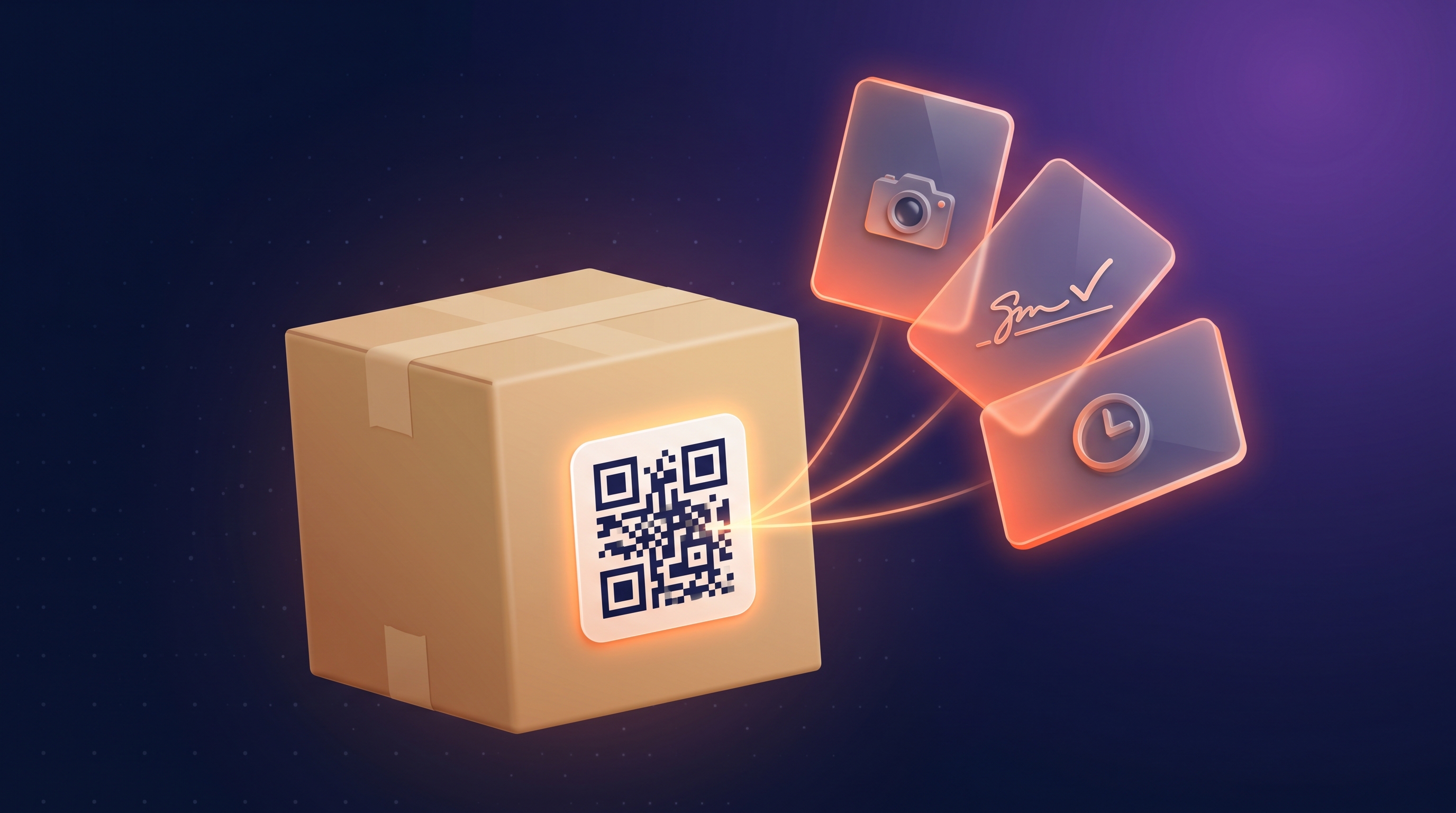 Editorial illustration of a QR-coded moving inventory item being scanned by a crew lead's phone, with a chain-of-custody timeline running through it