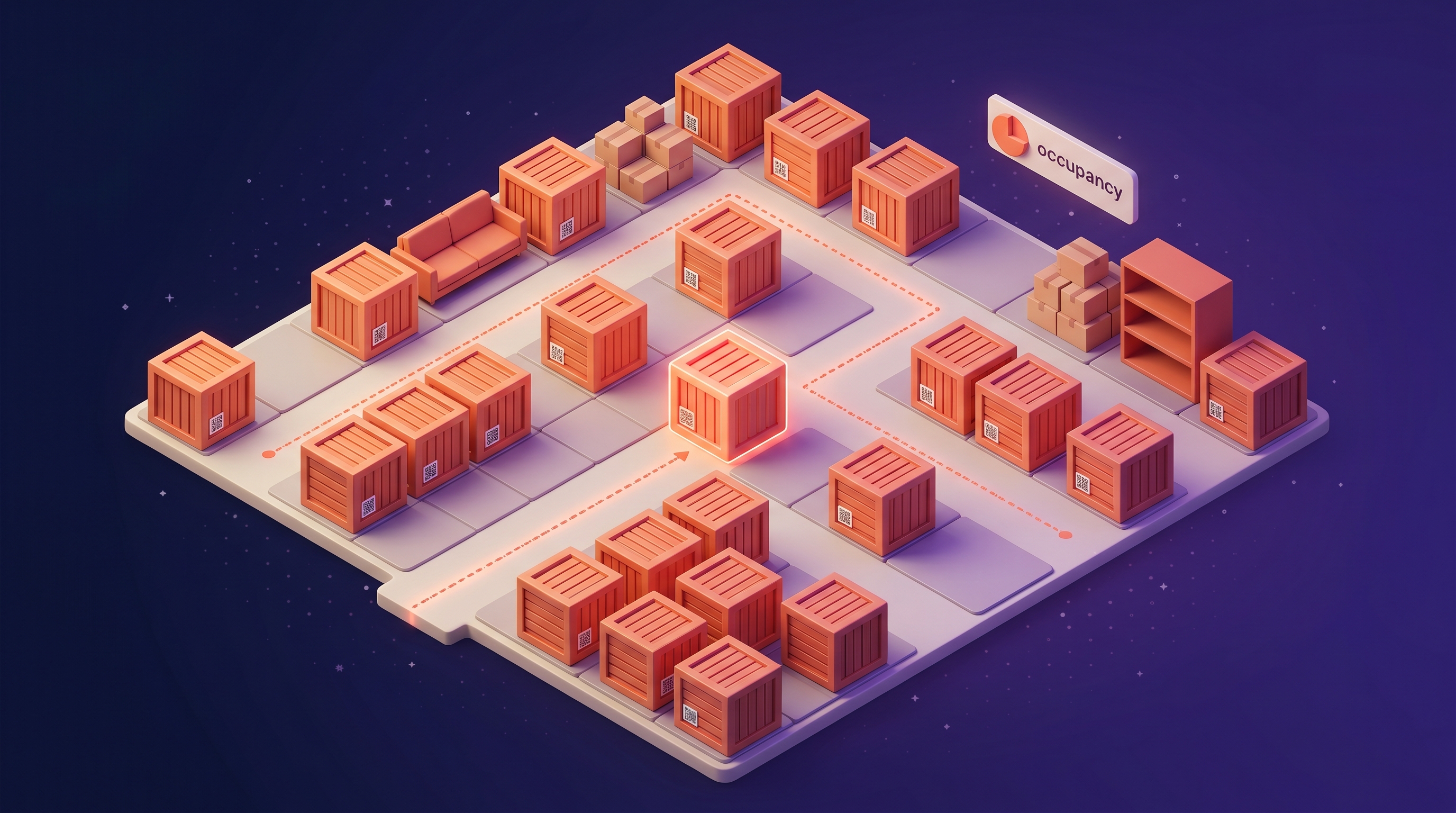 Editorial illustration of an interactive 2D warehouse map with QR-labeled storage vaults arranged in a grid, with real-time occupancy indicators