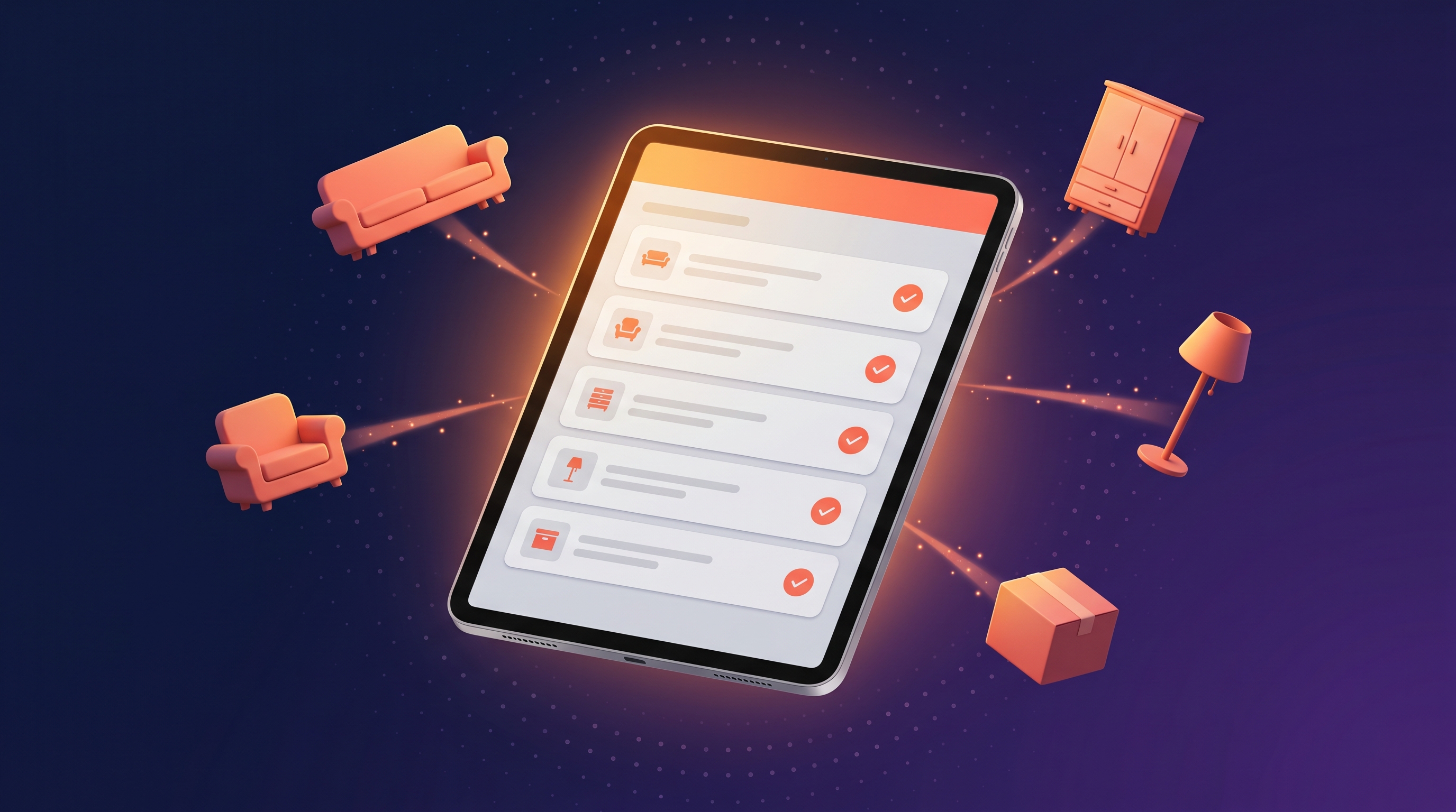 Editorial illustration of an iPad being used for an on-site moving survey, with floating digital item cards and photographs replacing a paper cube sheet