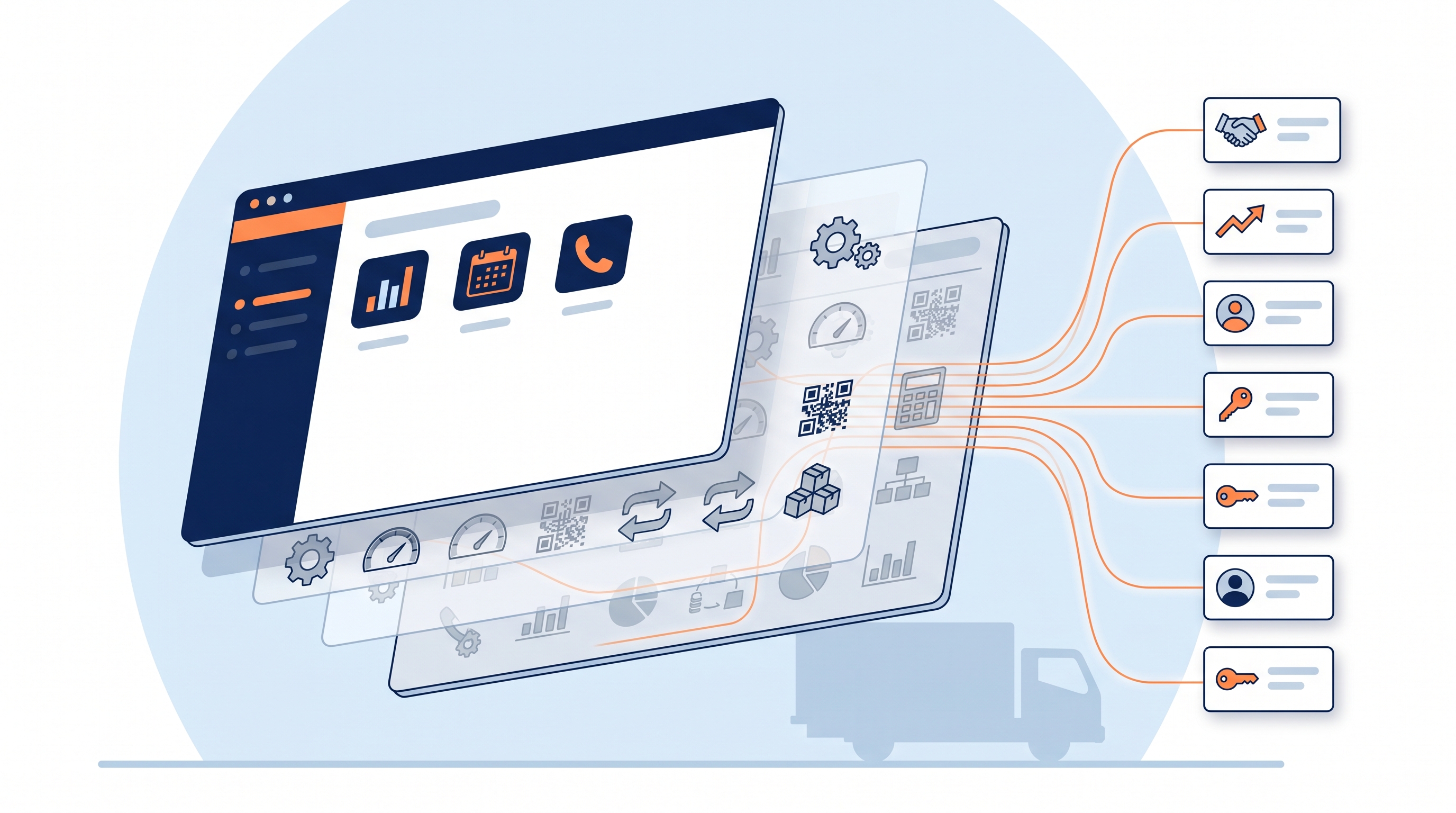Editorial illustration of a moving CRM dashboard with a glowing outcome-map overlay highlighting which features move which business outcomes