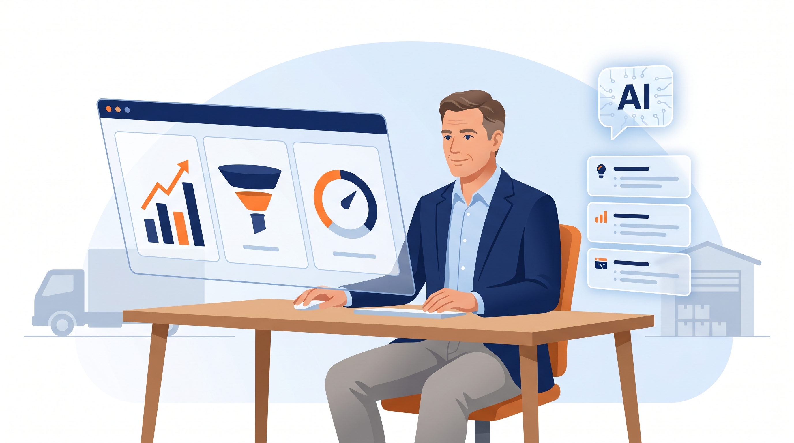 Editorial illustration of a moving company owner reading a CRM dashboard, with an AI coach overlay surfacing strategic recommendations about close rate, crew utilization, and lead source margin
