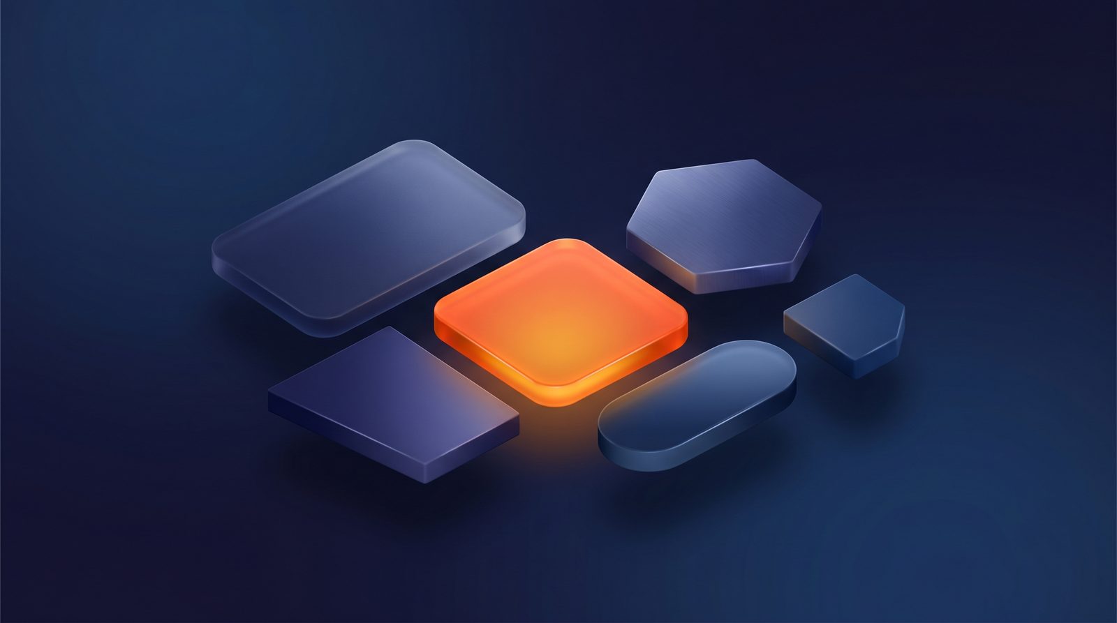 Editorial illustration of five floating platform tiles arranged in a semicircle, representing software comparison
