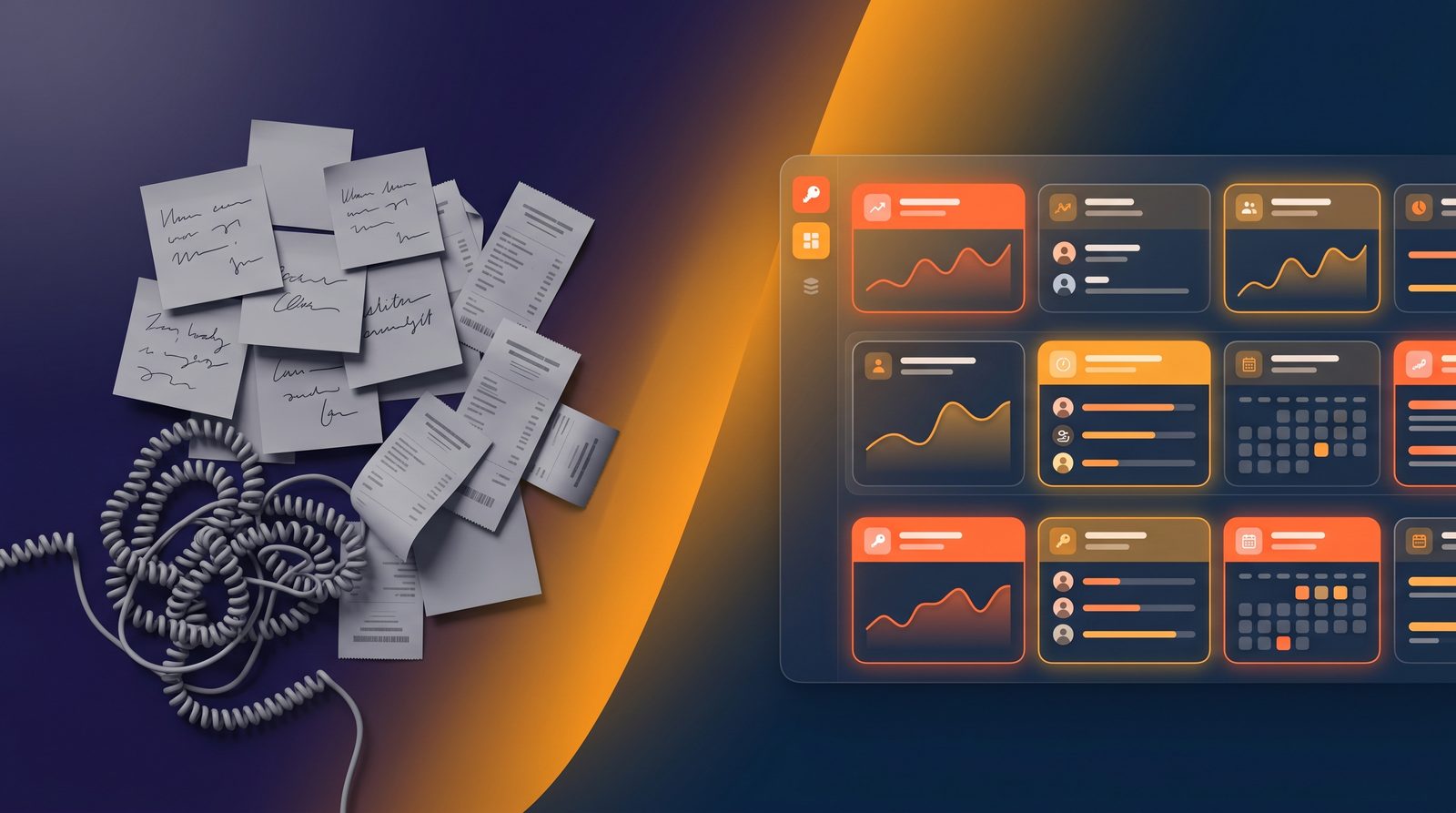 Editorial illustration showing the transformation from chaotic paper-based moving operations to an organized CRM dashboard