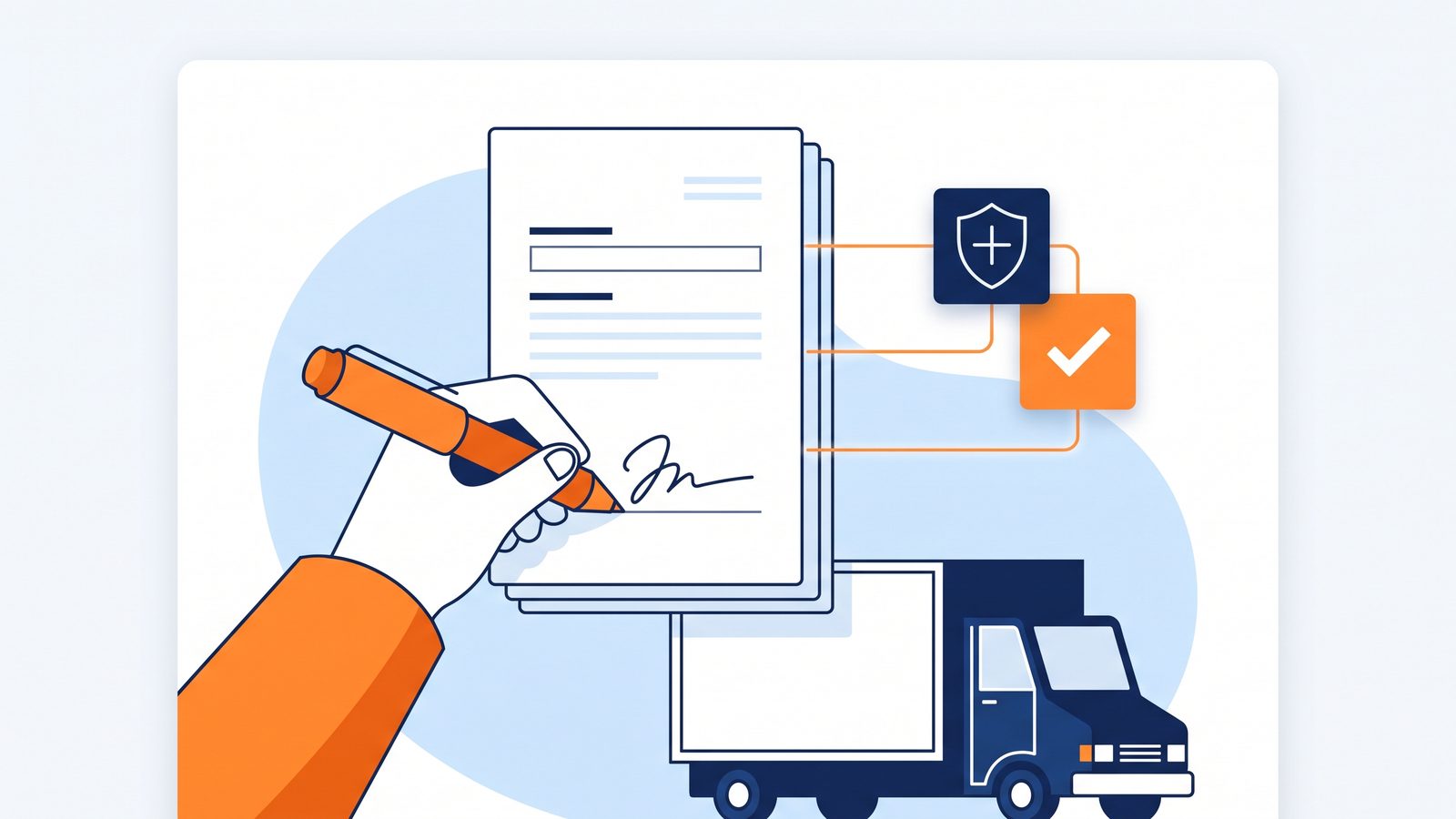 Editorial illustration of a hand signing digital military move documents beside a shield badge and checkmark, with a moving truck in the background
