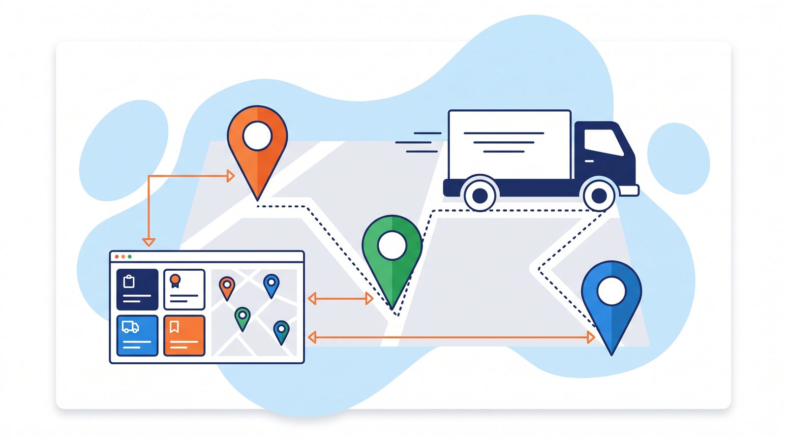 Editorial illustration of a moving truck driving along a map route with orange, green, and blue location pins connected to a dispatch dashboard