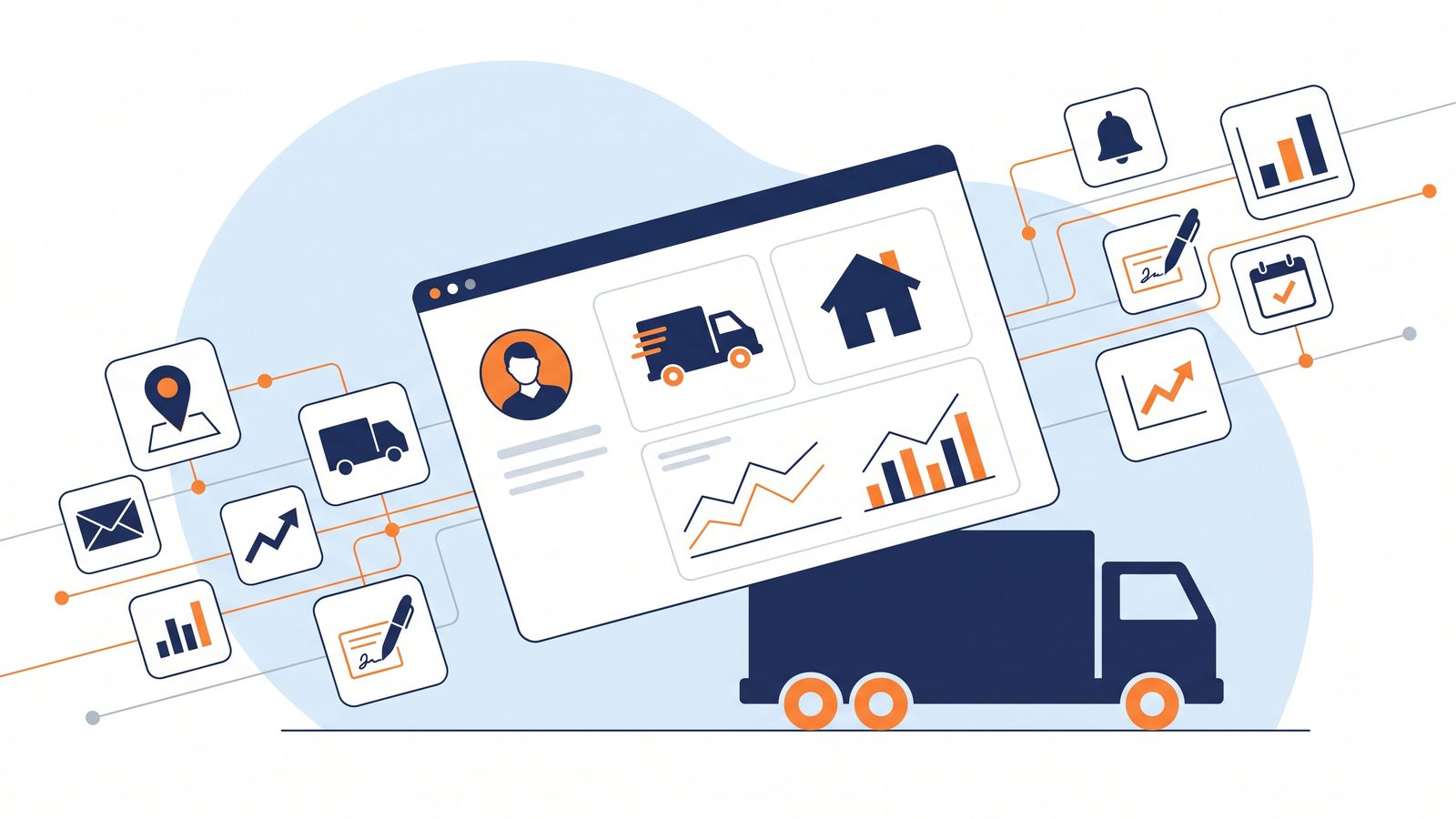 Editorial illustration of a moving company CRM dashboard surrounded by feature tiles for GPS tracking, scheduling, messaging, and e-signature, with a moving truck below