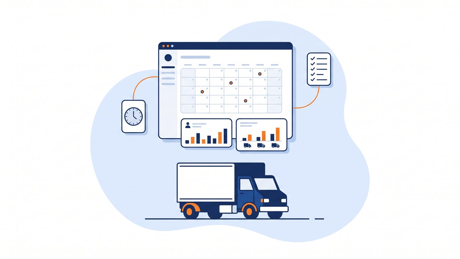Editorial illustration of an operations dashboard with a monthly calendar, staff and truck availability charts, and a moving truck