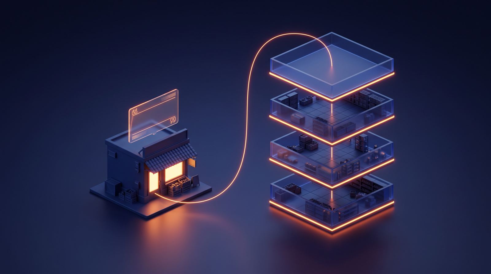 Editorial illustration contrasting Elromco's instant online quote at the storefront with the layered operational depth Movegistics AI runs behind the sale